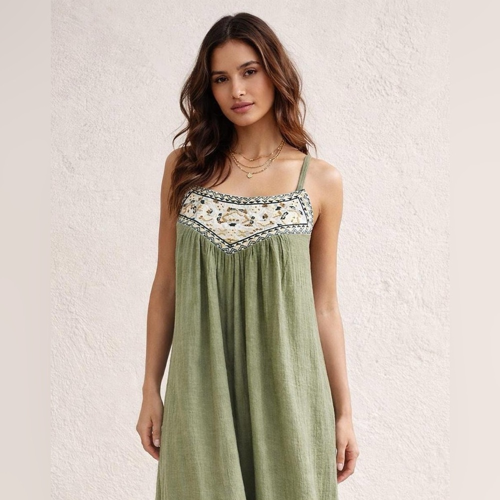 Westport Olive Embroidered Boho Gauze Dress Size Large